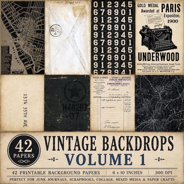 May include: A collection of 42 vintage-style digital background papers featuring various designs including a Buffalo city map, a weathered envelope, a grid of numbers, an Underwood typewriter advertisement, and antique ledger pages in a 6x10 inch format.