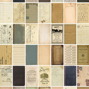 May include: A collection of vintage paper items, such as ledger pages, invoices, book covers, and adverts. The colour scheme is mainly sepia, with some blue and green highlights. The image contains text and illustrations.