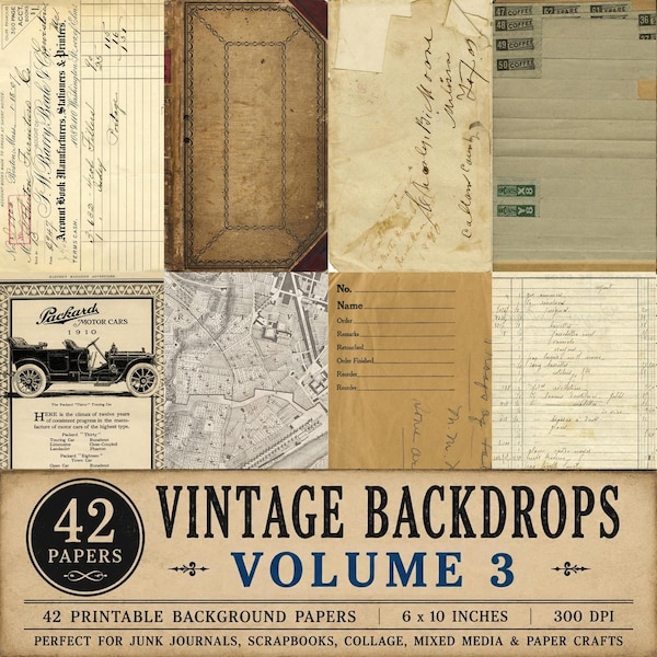 May include: A collection of 42 vintage-style printable background papers featuring various historical documents, including ledger pages, a Packard Motor Cars advertisement from 1910, a map, and handwritten letters, presented in a 6 by 10 inch format.