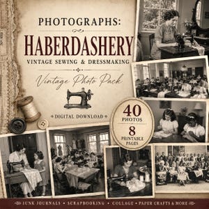 Pode incluir: Um pacote de download digital com 40 fotografias vintage de retrosaria, costura e alfaiataria. A coleção inclui 8 páginas imprimíveis com imagens a preto e branco de pessoas a usar máquinas de costura, oficinas e grupos de costura.