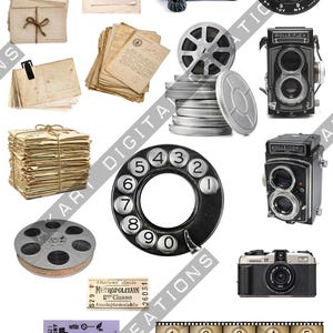 May include: A collection of vintage items including a rotary dial phone, film reels, cameras, and stacks of old letters and documents. The items are arranged on a white background.