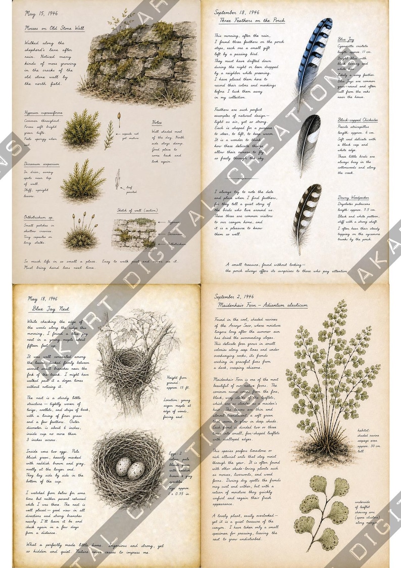 Op de afbeelding: Een vierpagina's tellende natuurjournal-spread met gedetailleerde inkt- en aquarelillustraties van mos op een stenen muur, vogelveren, een nest van een blauwe gaai met eieren en een venushaarvaren, vergezeld van handgeschreven notities uit 1946.