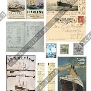 Puede incluir: Un collage de efímeras de viajes vintage, que incluye anuncios de barcos, postales y sellos. Las imágenes presentan veleros y transatlánticos, con texto que indica destinos como San Francisco y Europa.