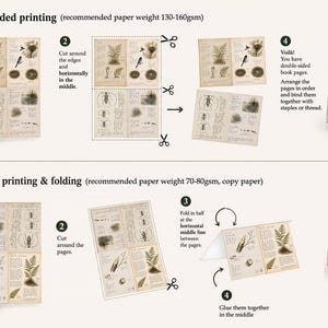 Op de afbeelding: Een instructieve afbeelding die twee methoden toont voor het maken van een klein boekje van geprinte pagina's. Versie 1 toont dubbelzijdig printen, snijden en inbinden. Versie 2 toont enkelzijdig printen, snijden, vouwen en de pagina's aan elkaar lijmen.