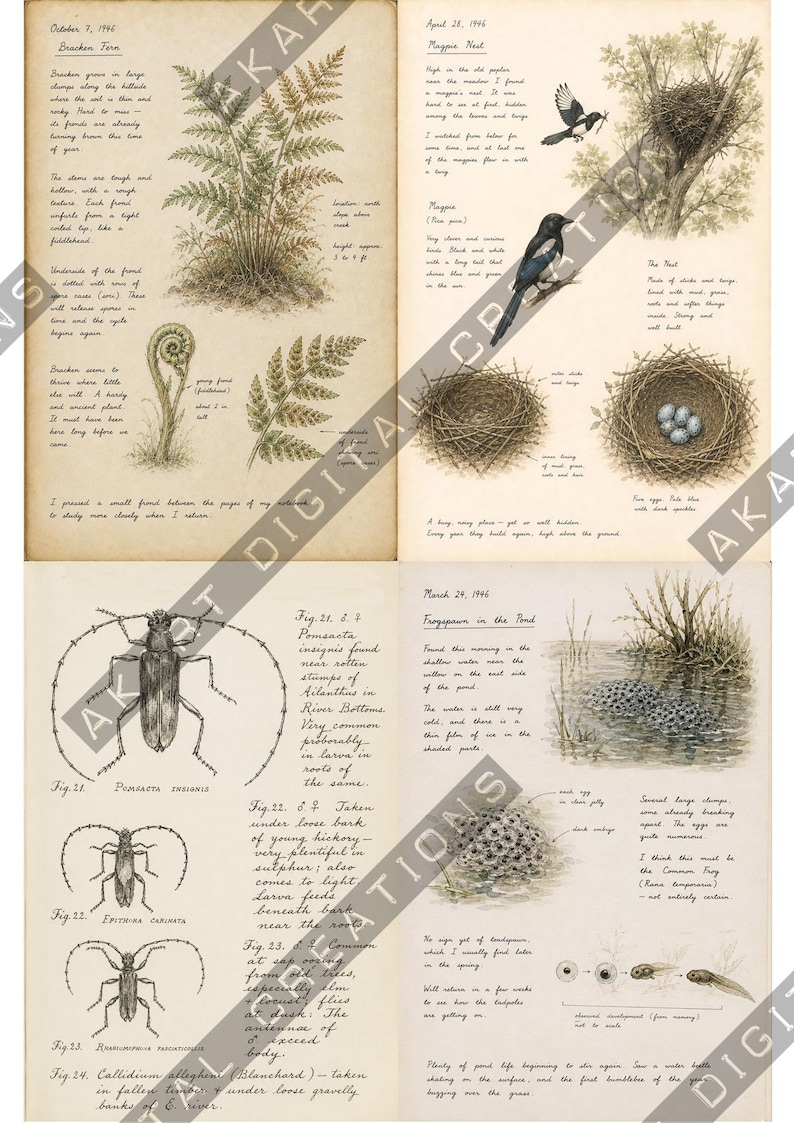 Op de afbeelding: Een botanische en zo&ouml;logische dagboekpagina in vintage-stijl met gedetailleerde inkt- en aquarelillustraties van adelaarsvarens, een ekster met nest en eieren, diverse keversoorten en kikkerdril in een vijver met handgeschreven notities.