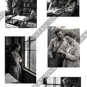 May include: A collection of black and white photographs depicting historical scenes of researchers in a study, including a person standing by bookshelves, two people working at a desk, a person looking out a window, a pair observing a bird, and a person typing.