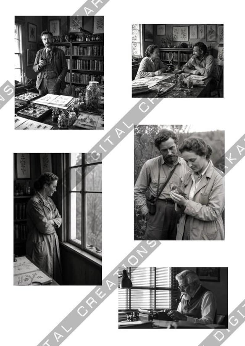 May include: A collection of black and white photographs depicting historical scenes of researchers in a study, including a person standing by bookshelves, two people working at a desk, a person looking out a window, a pair observing a bird, and a person typing.