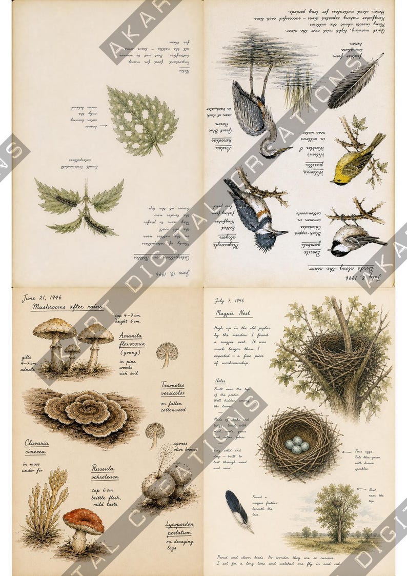 Op de afbeelding: Een botanische en ornithologische print in vintage-stijl met handgetekende illustraties van vogels, paddenstoelen en bladeren. De pagina bevat handgeschreven notities, datums en wetenschappelijke namen, met gedetailleerde schetsen van vogels en diverse zwammen.