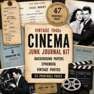 May include: A vintage 1940s cinema junk journal kit featuring 47 printable pages, 53 printable pages, equipment inventory tags, call sheets, production files, blue revision scripts, film reels, a clapperboard, and black and white photos.