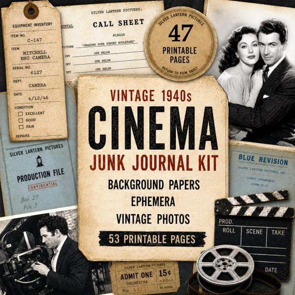May include: A vintage 1940s cinema junk journal kit featuring 47 printable pages, 53 printable pages, equipment inventory tags, call sheets, production files, blue revision scripts, film reels, a clapperboard, and black and white photos.