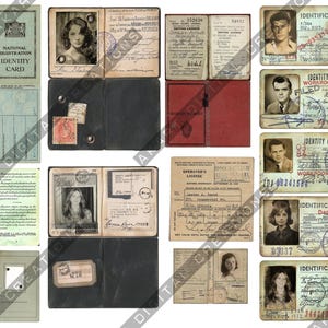 Identification Vintage Identity Cards and Driving License Printables For Scrapbooking and Junk Journaling A4 300dpi JPG