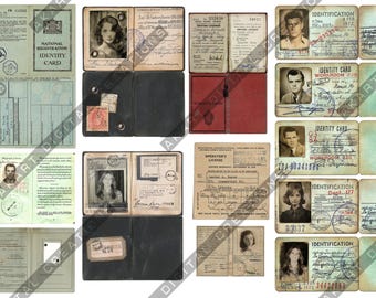 Identification Vintage Identity Cards and Driving License Printables For Scrapbooking and Junk Journaling A4 300dpi JPG