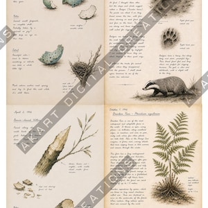 Op de afbeelding: Een vierpagina's tellende natuurjournal-print met handgetekende illustraties van roodborsteierschalen, dassensporen, een door bevers aangevreten wilgentak en een adelaarsvaren. Elk gedeelte bevat gedetailleerde handgeschreven notities.