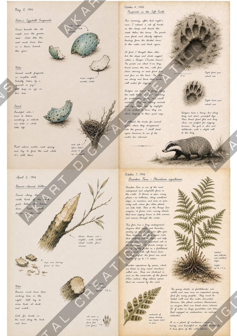 Op de afbeelding: Een vierpagina's tellende natuurjournal-print met handgetekende illustraties van roodborsteierschalen, dassensporen, een door bevers aangevreten wilgentak en een adelaarsvaren. Elk gedeelte bevat gedetailleerde handgeschreven notities.