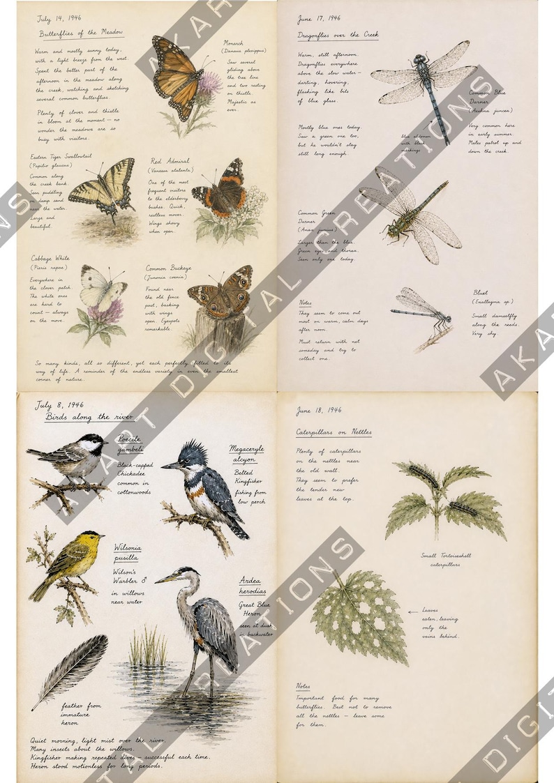 Op de afbeelding: Een vierpagina's tellend natuurdagboek met handgetekende illustraties van vlinders, libellen, vogels en rupsen. Elke pagina bevat handgeschreven notities, data uit 1946 en wetenschappelijke namen van de afgebeelde diersoorten.