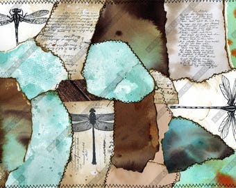 Tablero de collage de naturaleza: Páginas de diario basura de libélulas (descarga digital)