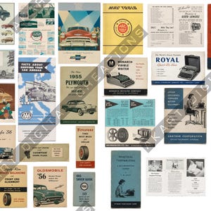 May include: A collection of vintage advertisements and brochures featuring mid-century automobiles, typewriters, and automotive parts. The printed materials display various brand names including Chevrolet, Ford, Remington, Royal, and Smith-Corona.