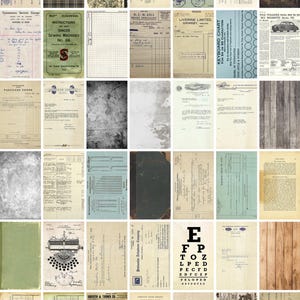 May include: A collage of vintage ephemera, including telegrams, invoices, and instruction manuals. The collection features a variety of textures, colors, and fonts, with some items showing signs of age and wear. There is a Singer sewing machine manual and an eye chart.