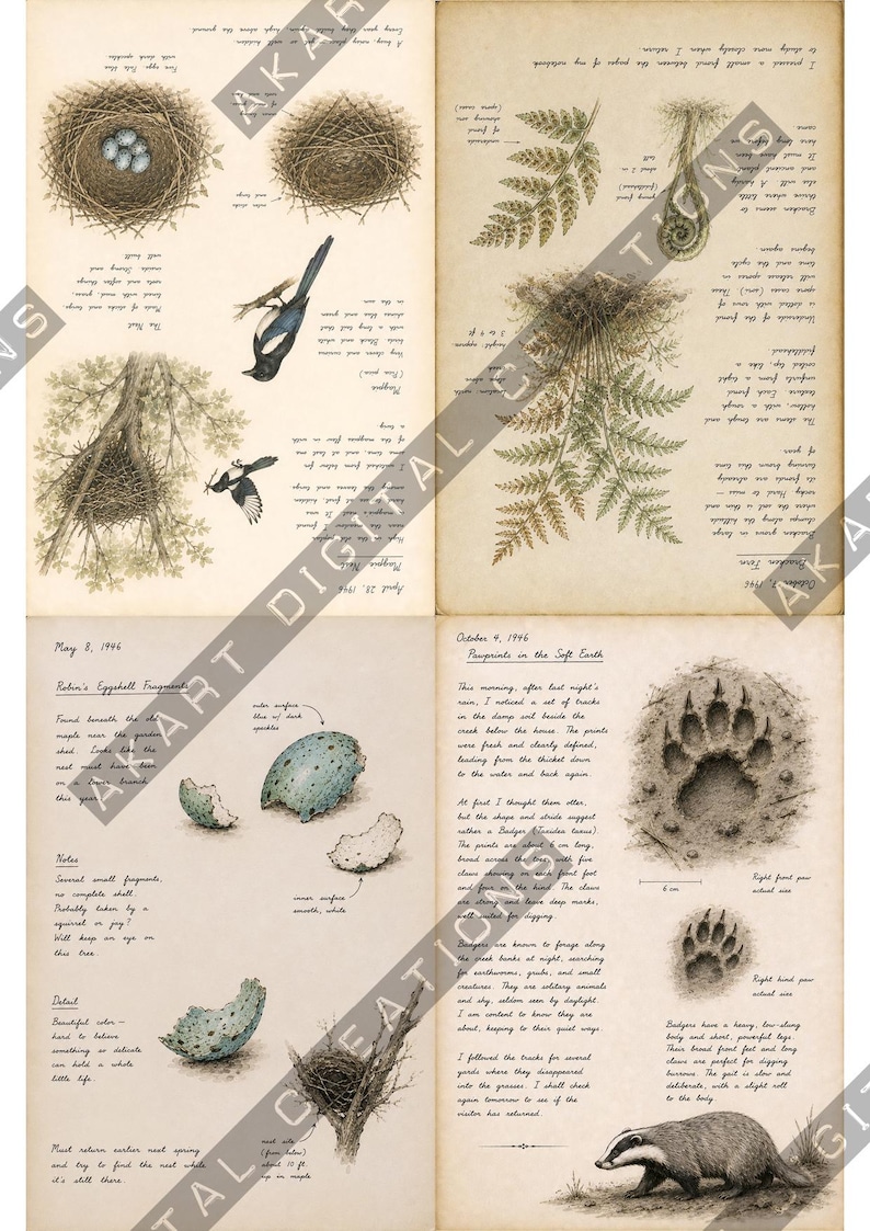 Op de afbeelding: Een natuurdagboekpagina in vintage-stijl met gedetailleerde illustraties van vogelnesten, eieren, varens en dassensporen. Het document bevat handgeschreven notities, datums en wetenschappelijke observaties over de natuur op een getextureerde papieren achtergrond.