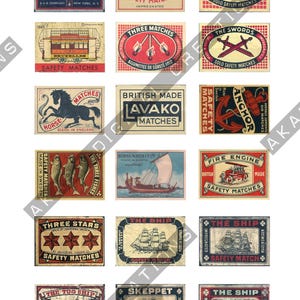 May include: A collection of fifteen rectangular vintage matchbox labels featuring various illustrations including ships, animals, and vehicles. Each label displays unique typography, brand names, and decorative borders in a variety of colors.
