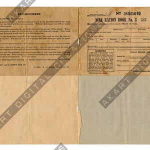 Può includere: Libretto di razionamento di guerra n. 3 d'epoca, con istruzioni e sezioni per informazioni personali. Il libretto è invecchiato con una combinazione di colori beige e bianco sporco e include il testo "War Ration Book No. 3".