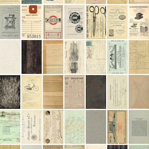 May include: A collage of vintage ephemera, including receipts, labels, and advertisements. The items feature aged paper textures, with text and graphics in various fonts and styles. Some items include the text "Parcel Labels", "Scientific Sewing Garment Cutting", and "Western Union".