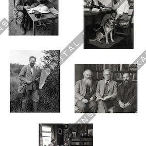 May include: A collection of five black and white historical photographs featuring various scenes of individuals in academic or field settings, including researchers writing at desks, a person with a butterfly net, and groups of men in library environments.