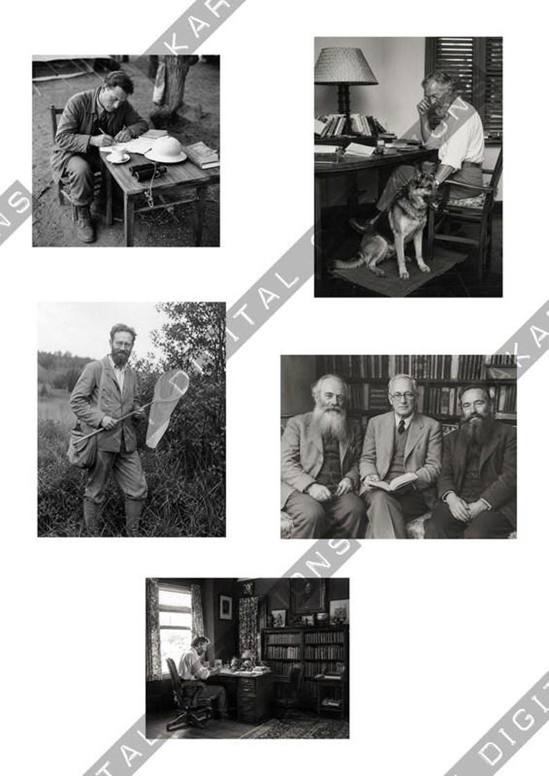 May include: A collection of five black and white historical photographs featuring various scenes of individuals in academic or field settings, including researchers writing at desks, a person with a butterfly net, and groups of men in library environments.