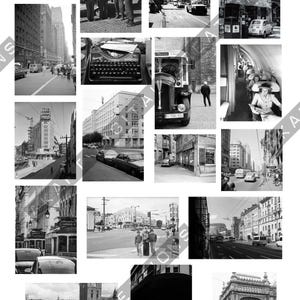 May include: A collection of monochrome photographs showcasing urban scenes, classic cars, and people from the past. The images feature buildings, a bus, a typewriter, and a vintage car, creating a nostalgic atmosphere.