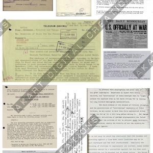 Könnte beinhalten: Eine Sammlung historischer Dokumente, darunter Telegramme, Berichte und Zeitungsausschnitte. Die Dokumente weisen Stempel, handschriftliche Notizen und getippten Text auf. Schlagzeilen sind "U.S. Officially at War".