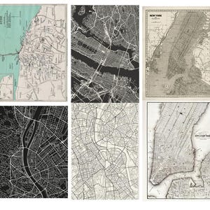 May include: A collection of six vintage city maps. The maps feature detailed street layouts and geographical features. The color palettes range from black and white to sepia tones, offering a classic aesthetic. The maps are arranged in a grid format.