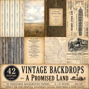 Pode incluir: Uma coleção de 42 papéis digitais de estilo vintage com diversos designs, incluindo papel de parede floral azul, uma paisagem de pradaria, uma capa de livro de registros, anúncios de sementes, madeira desgastada, mapas e uma carruagem.