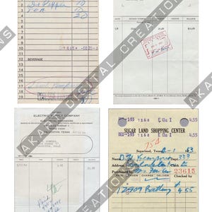 Peut inclure: Un ensemble de quatre documents papier vintage comprenant une note d'hôtel Jack Tar, un relevé Farmer's Marine Copper Works, une facture Electric Supply Company et un reçu Sugar Land Shopping Center avec des inscriptions à l'encre bleue.
