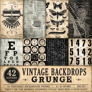 Könnte beinhalten: Eine Sammlung von 42 digitalen Papieren im Vintage-Stil mit Grunge-Texturen, Patentzeichnungen von Schreibmaschinen, Schmetterlings- und Mottenillustrationen, Stadtplänen, Sehtests, runden Messgeräten und großen schwarzen Zahlen.