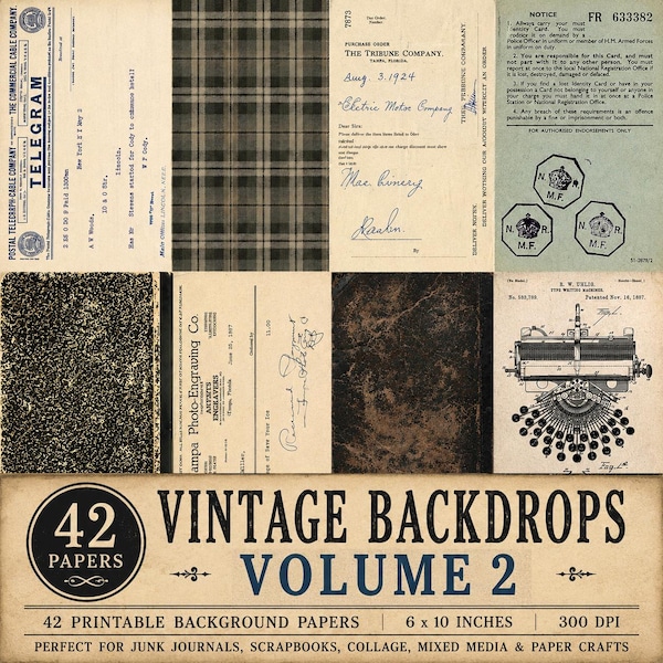 May include: A collection of 42 vintage-style digital background papers featuring various textures and documents, including a telegram, a plaid pattern, a purchase order, a notice, a typewriter patent illustration, and aged paper textures.