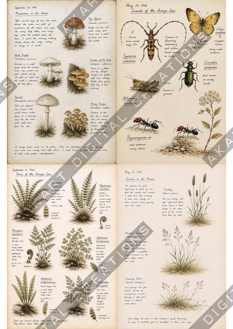 Op de afbeelding: Een vierpagina's tellende botanische en entomologische veldgids-print in vintage-stijl met gedetailleerde illustraties van paddenstoelen, insecten, varens en grassen. Elke sectie bevat handgeschreven notities, wetenschappelijke namen en teksten.