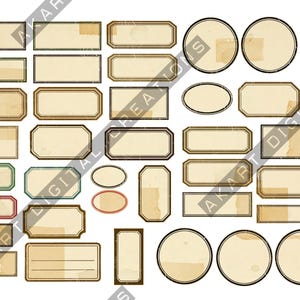 Puede incluir: Una colecci&oacute;n de etiquetas de estilo vintage en varias formas y tama&ntilde;os. Las etiquetas son principalmente beige con bordes desgastados, algunas con bordes de colores. Incluye dise&ntilde;os rectangulares, ovalados y circulares.