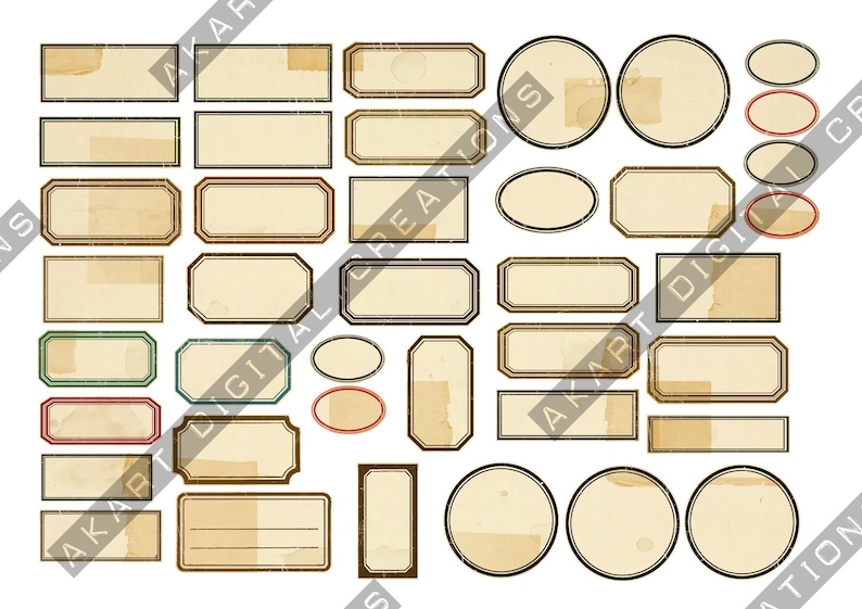 Puede incluir: Una colecci&oacute;n de etiquetas de estilo vintage en varias formas y tama&ntilde;os. Las etiquetas son principalmente beige con bordes desgastados, algunas con bordes de colores. Incluye dise&ntilde;os rectangulares, ovalados y circulares.