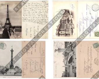 Vintage French Postcards Junk Journal Printable Ephemera, 6 Printable Pages A4 300dpi JPG