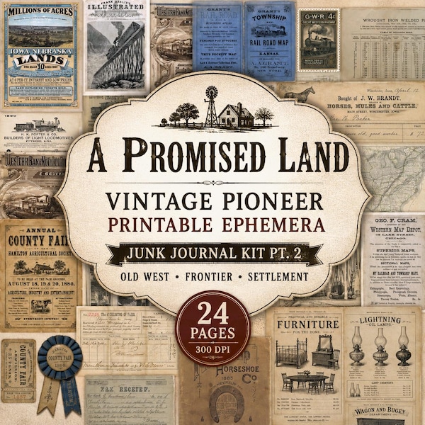 May include: A digital collection of 24 printable vintage ephemera pages featuring Old West frontier themes, including historical documents, maps, advertisements, and illustrations of furniture and trains, all presented in a sepia-toned collage.