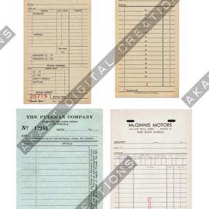 Puede incluir: Una colección de cuatro formularios de recibos de papel de estilo vintage con Rola Bottling Co., Kern's Bakery, The Pullman Company y McGinnis Motors. Los documentos incluyen líneas impresas, campos de texto e identificadores numéricos en papel color canela y azul claro.