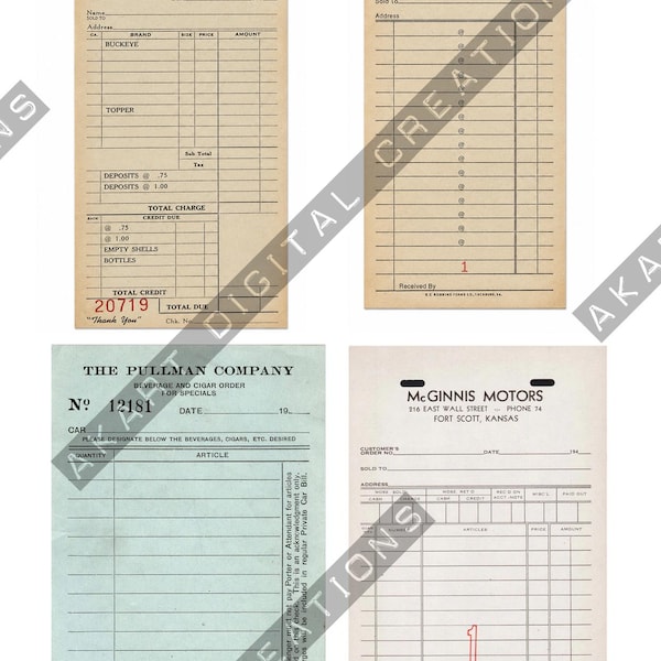 May include: A collection of four vintage-style paper receipt forms featuring Rola Bottling Co., Kern's Bakery, The Pullman Company, and McGinnis Motors. The documents include printed lines, text fields, and numerical identifiers on tan and light blue paper.