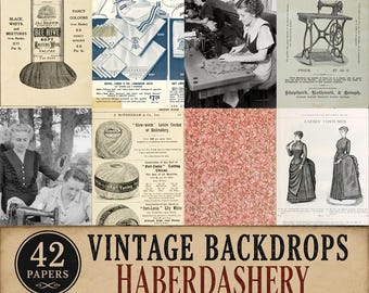 Vintage Backdrops: HABERDASHERY 42 Vintage Sewing Background Papers for Junk Journaling
