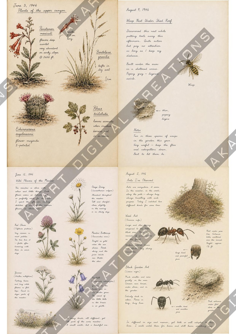 Op de afbeelding: Een botanische en entomologische dagboekpagina in vintage-stijl met handgetekende illustraties van planten zoals Penstemon mexicali en Echinocereus engelmannii, naast insecten, voorzien van handgeschreven notities en datums.