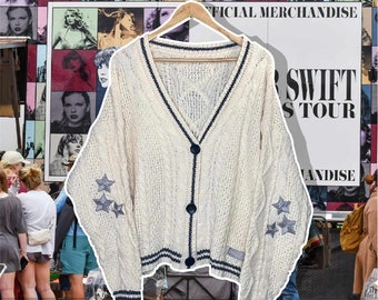 Taylor Folklore Star Cardigan, Star Broderie Begins, Pull bouton tricoté surdimensionné, Cadeau pour les fans