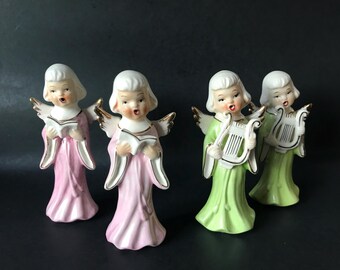 Vintage Ceramic Choir Christmas Angel Girl Pink w Book/ Green w Harp Choose One