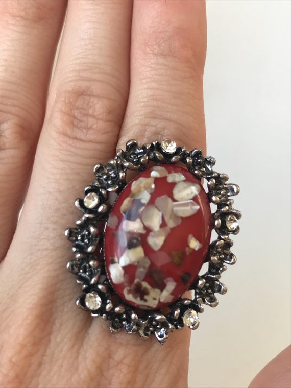 Adjustable Statement Ring With Lucite Plastic Cen… - image 2