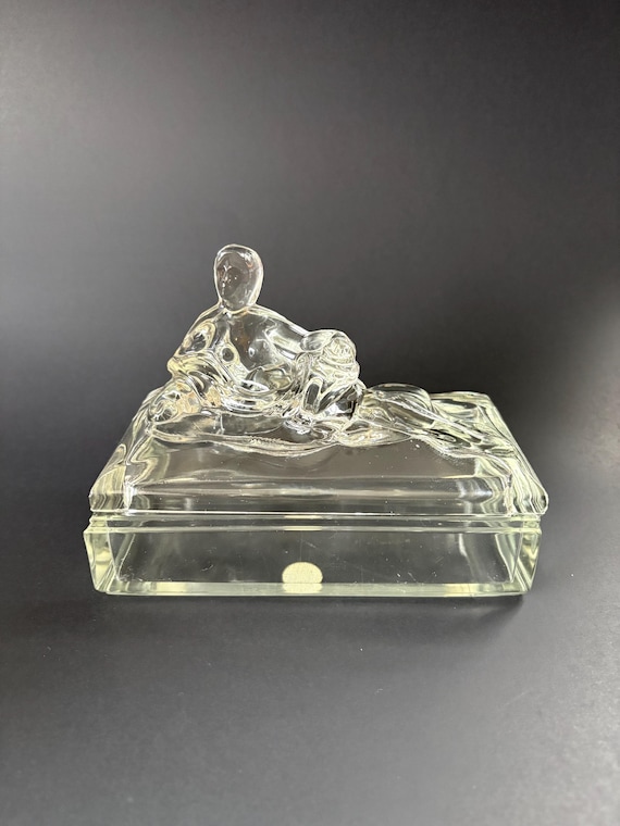 Vintage Clear Glass Lidded Cigarette Box Art Deco Lady Laying Silhouette