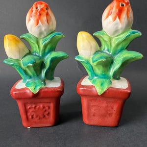 May include: A pair of ceramic tulip salt and pepper shakers. Each shaker features a red flower pot with green leaves and a white and orange tulip. One yellow tulip bud is also present on each shaker.