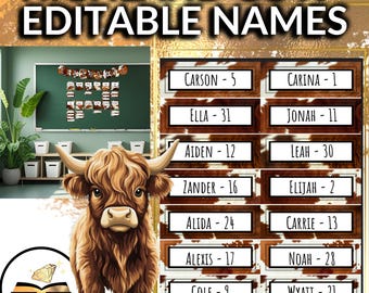 Editable Labels Names Highland Cow Theme Birthday Bulletin Board